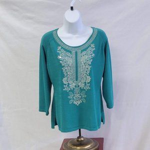 DRESS BARN 3/4 Sleeve blue/green embroidered sweater w/sequins - Size L - EUC